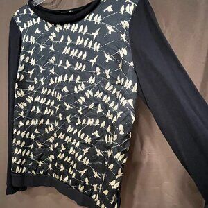 Women's LARGE Sweet Rain Black & White Bird Design Long Sleeve Blouse